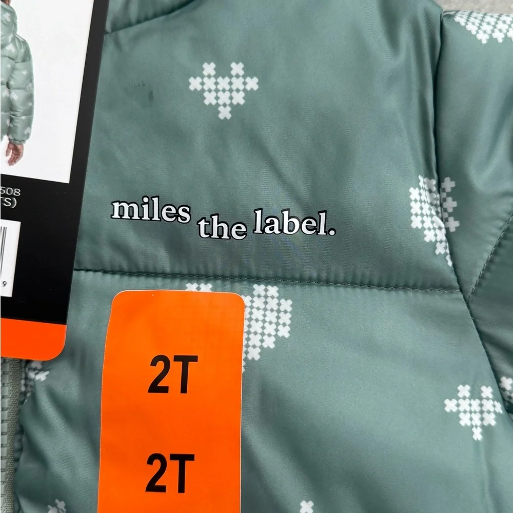 Miles the Label Green Puffer Jacket with Heart Pattern